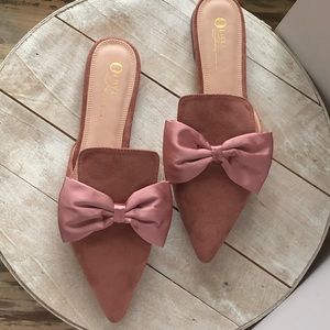 Faux Suede Dusty Rose Pink Flat Mule w/ Bow detail